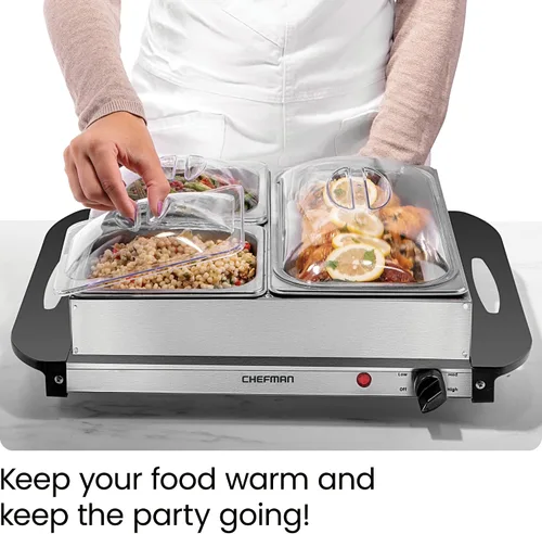 Vista 2 de Chefman Servidor de buffet eléctrico + bandeja de calentamiento con temperatura ajustable y 3 platos calentadores, placa caliente perfecta
