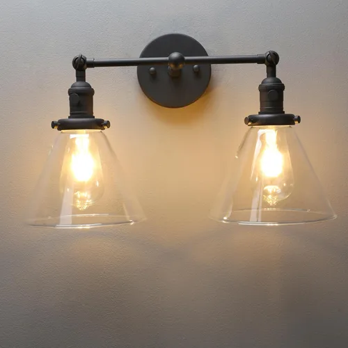 Vista 30 de PERMO Industrial Vintage Slope Pole Wall Mount Single Sconce with 6.7" Oval Dome Clear Glass Shade Antique Gold Wall Sconce Light Fixture