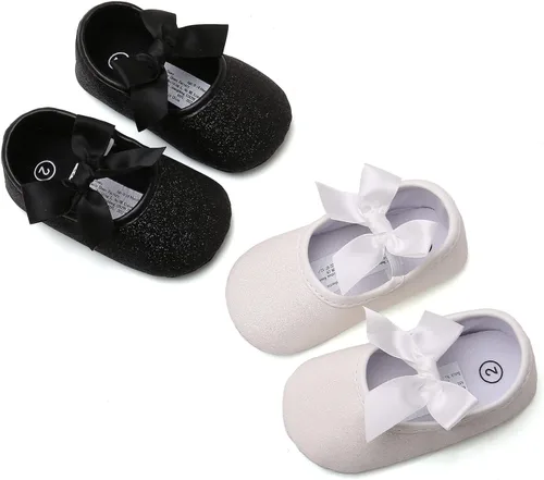 Vista 2 de myppgg Mary Jane - Zapatos planos brillantes con lazo y lazo de princesa, zapatos de cuna antideslizantes para niños pequeños que caminan