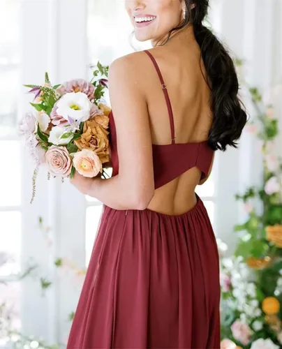 Vista 5 de Vestido formal de gasa con cuello en V para mujer, vestido formal hasta el suelo