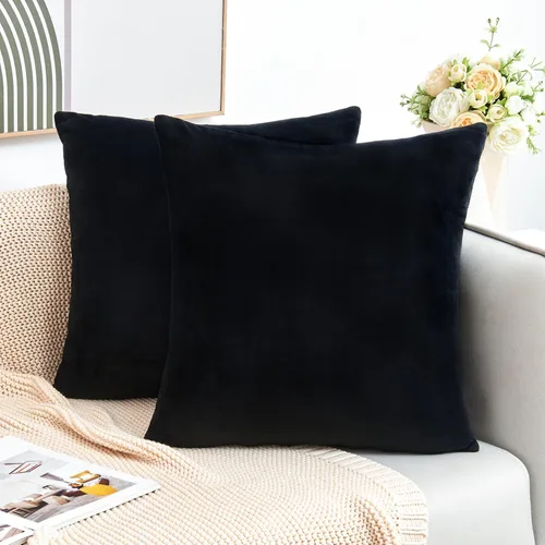 Vista 2 de Juego de 2 fundas de almohada decorativas de terciopelo de 16 x 16 pulgadas, fundas de almohada negras suaves para sofá, cama, sala de estar