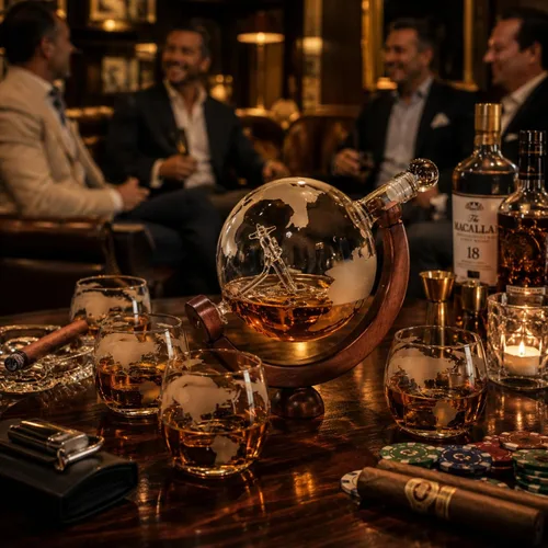 Vista 6 de Decantador del mundo grabado con globo de whisky, juego de regalo de whisky The Wine Savant con avión antiguo, piedras de whisky y 4 vasos de mapa