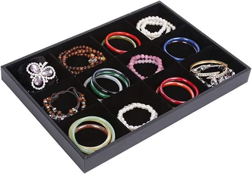 Vista 6 de Pimuza Bandeja de joyería apilable de terciopelo negro de 12 rejillas para mujer, colgante de piedras preciosas, diamante, organizador