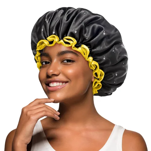 Vista 9 de Gorro de ducha negro extra grande para mujeres y hombres con cabello grueso, largo y trenzas, reutilizable, impermeable, de doble capa XL, gorros