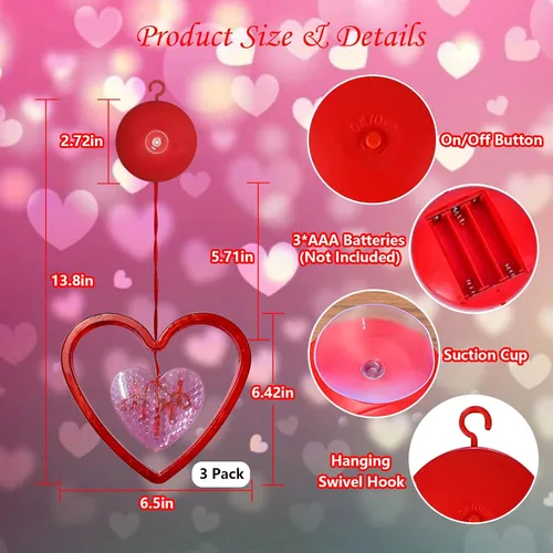 Vista 7 de Decoraciones de San Valentín, paquete de 3 luces de ventana de San Valentín, funciona con pilas, luces de corazón rojo y rosa con gancho de ventosa