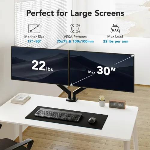 Vista 2 de HUANUO Soporte de monitor doble para 2 monitores de hasta 30 pulgadas, cada brazo soporta un máximo de 22 libras, soporte de monitor doble