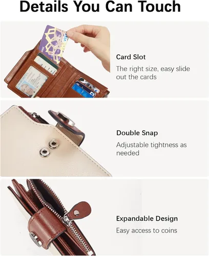 Vista 3 de BOSTANTEN - Billetera de cuero para mujer, pequeña, con bloqueo RFID, de dos pliegues, bolsillo con cremallera, tarjetero con ventana para 1-beige