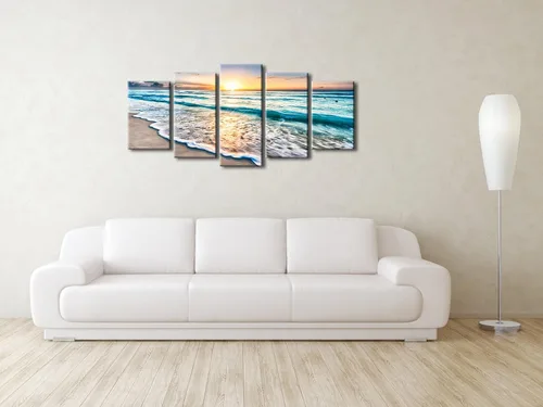 Vista 2 de Pyradecor 5 paneles azul playa amanecer ola blanca imágenes pintura sobre lienzo arte de pared moderno paisaje marino Giclée impresiones sobre