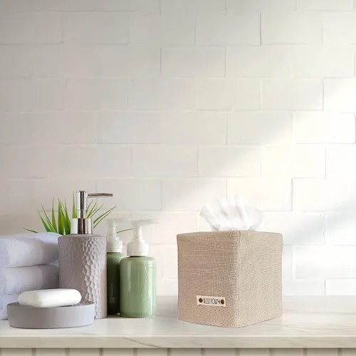 Vista 6 de Elegante funda para caja de pañuelos: este soporte de lino beige cubre instantáneamente tus cajas de pañuelos cuadradas, la cubierta de cubo