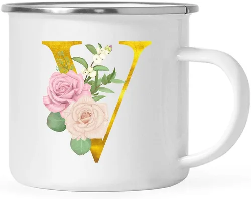 Vista 31 de Andaz Press Taza de café de acero inoxidable para niños de 11 onzas, regalo de taza de café de fogata, rosa rubor, monograma de oro sintético, letra