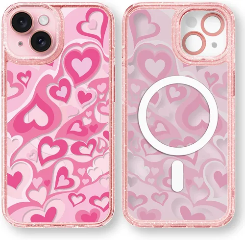 Vista 83 de Compatible para iPhone 13 Funda Bonita Estética - Funda para Teléfono Rosa con Purpurina con Protector de Cámara - Diseño de Cubierta