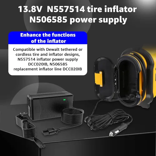 Vista 3 de Cargador N557514 y cable inflador N506585 para inflador de neumáticos inalámbrico DeWalt 20V MAX, repuesto para fuente de alimentación de compresor