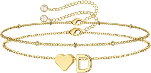 Vista 17 de M MOOHAM Pulseras de oro con inicial de corazón para mujer, pulseras con dije de letra A-Z de corazón dorado en capas para mujer, pulseras