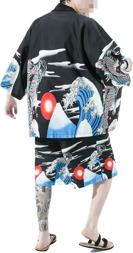 Vista 2 de PRIJOUHE Conjunto de kimono de estilo japonés para hombre, ligero, casual, con siete mangas, frente abierto, cárdigan y pantalones cortos