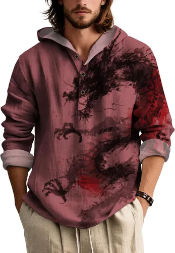 Vista 16 de Sudadera con capucha con estampado novedoso para hombre, multiestilo, manga larga, casual, con botones de un cuarto