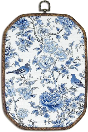 Vista 29 de Yorhifa Grandmillennial - Arte de pared enmarcado con lazo rosa coqueta, arte de pared redondo de chinoiserie azul y blanco, decoración de paredes