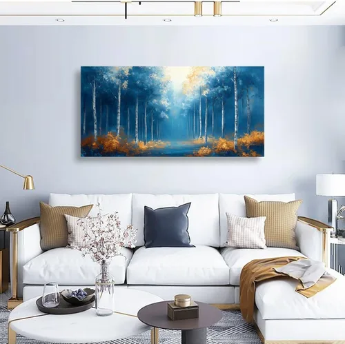 Vista 5 de Cuadros de bosque azul para pared, arte de pared para sala de estar, dormitorio, bosque impreso para decoración del hogar, arte abstracto de niebla