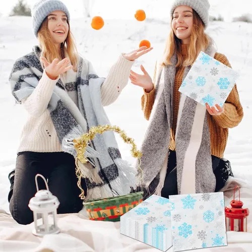 Vista 5 de Servilletas de invierno con copos de nieve para decoración de fiesta, diseño de copo de nieve de invierno, azul y blanco del país de las maravillas