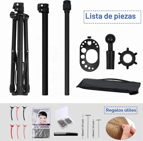Vista 6 de Klvied Soporte para peluca con trípode ajustable, soporte para cabeza de maniquí con panel para pies, cabeza de peluca de metal reforzada
