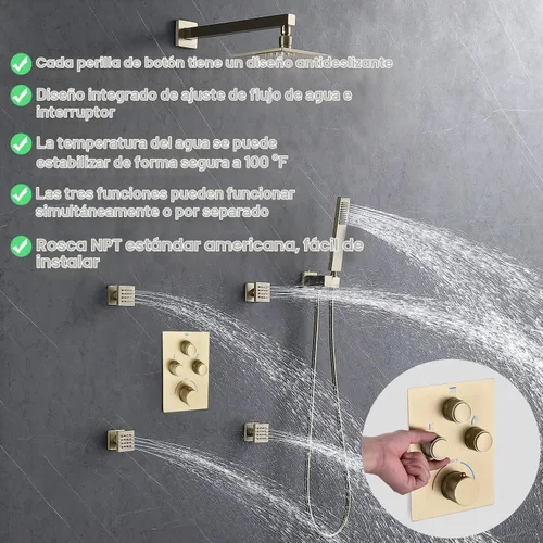 Vista 4 de Moderna válvula de ducha termostática de 3 vías, con botón pulsador, 3 salidas ocultas, kit de válvula de desvío de latón multifunción que puede