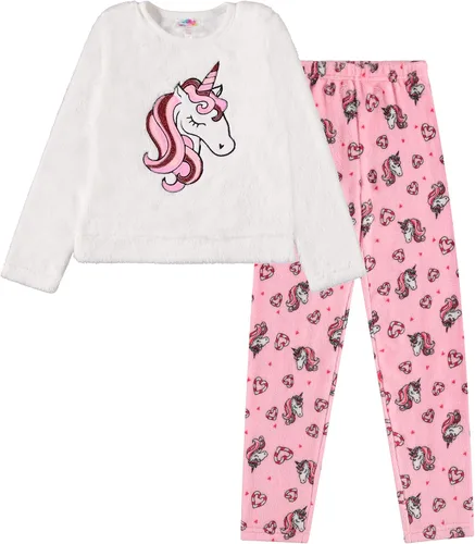 Vista 3 de BTween Wooby Pijamas para niñas, pijamas para niños con camisa y pantalones de felpa, pijamas de dos piezas de animales, diseño de unicornio o zorro