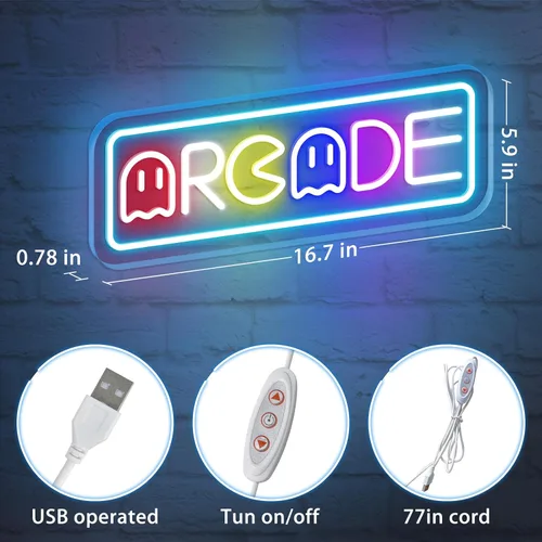 Vista 3 de Letrero de neón de arcade para decoración de sala de juegos con interruptor regulable, luz LED de neón para pared de dormitorio, decoración de sala