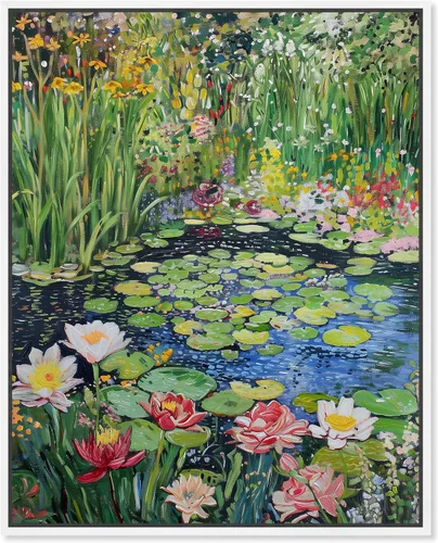 Vista 9 de Art Remedy Impresionista estanque enmarcado impresionismo, arte de pared en lienzo de 1 pieza, arte inspirado en Monet y Van Gogh, 17 x 21 pulgadas