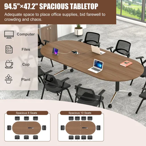 Vista 8 de 94.5" Folding Conference Table with Wheels,Mobile Training Table for Office Walnut