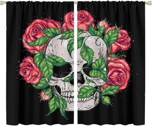Vista 9 de Cortinas de cabeza de calavera, calavera blanca y rosas rojas con ramas y hojas negras, cortinas opacas decorativas para sala de estar, dormitorio