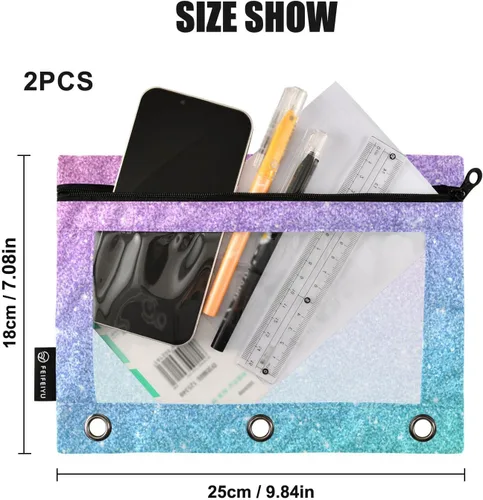 Vista 3 de Gredecor Estuche para lápices con 3 anillos con purpurina azul y rosa con cremallera, 2 unidades, organizador transparente para carpeta escolar