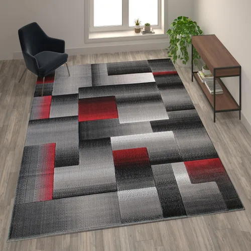 Vista 26 de Flash Furniture Elio Collection - Alfombra de área con patrón de bloques de color, alfombra de olefina azul de pelo alto, alfombra de área de 2 x 3