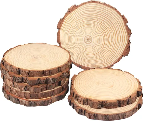 Vista 13 de 4 piezas de rodajas de madera natural de 10-12 pulgadas, círculos de madera de pino sin terminar con corteza para posavasos, manualidades DIY