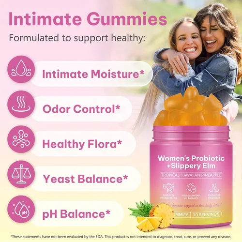 Vista 4 de Daiasns Gomitas de probióticos femeninos: gomitas probióticas de piña para mujeres, con olmo resbaladizo, apoyo al equilibrio del pH, lactobacillus