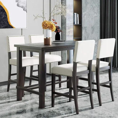 Vista 11 de FRANSOUL Juego de 5 mesas redondas de madera con estante inferior, 4 sillas tapizadas para comedor, cocina, comedor, desayuno familiar, color marrón