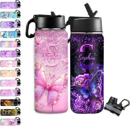 Vista 28 de InterestPrint Botella de agua personalizada para niños de 18 onzas con tapa de pajilla, botella de agua aislada de doble pared de acero inoxidable