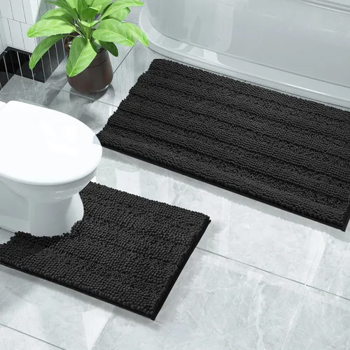 Vista 27 de Yimobra Juego de 2 alfombras de baño de felpilla suave y absorbente y alfombra para inodoro en forma de U, antideslizante, lavable a máquina