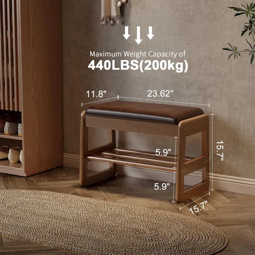 Vista 3 de AQIMUELE Banco pequeño para zapatos, banco de zapatos de 2 niveles con almacenamiento con tapa abatible, zapatero de madera para entrada, pasillo