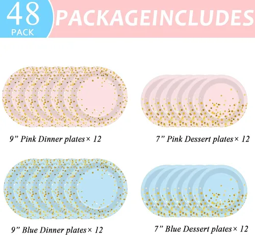 Vista 2 de Wiooffen 48 piezas de suministros para fiesta de revelación de género – Juego de vajilla para baby shower con platos de papel azul y rosa