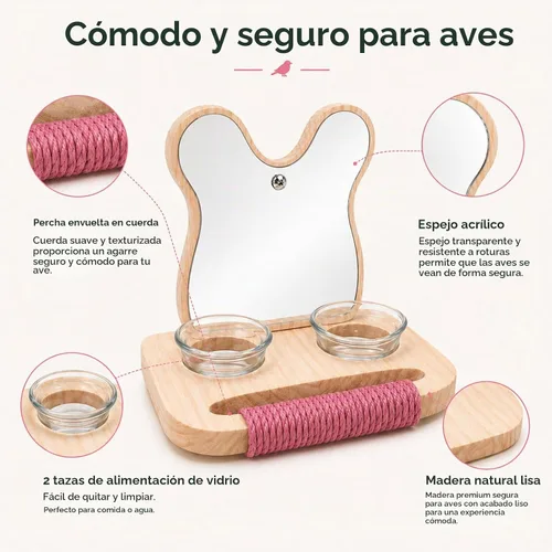 Vista 5 de Espejo de pájaro con perca y comedero, juguetes de madera para pájaros jaula de pájaros, accesorios para loros para gastar energía, juguetes