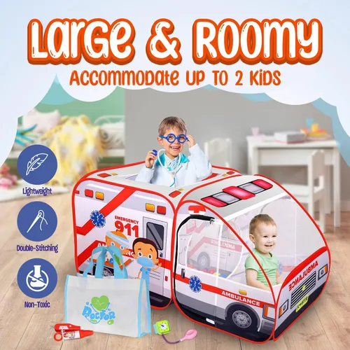 Vista 7 de Tienda de campaña desplegable de ambulancia para niños con sonidos, kit de médico y pozo de pelotas para niños pequeños y mayores, juguete