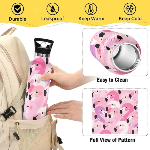 Vista 4 de Cartoon Cute Flamingo Pink Lightweight Insulated Water Bottle with Leak Proof Spout Lid Double Wall Vacuum Insulated Bottles for Sports, Travel, and