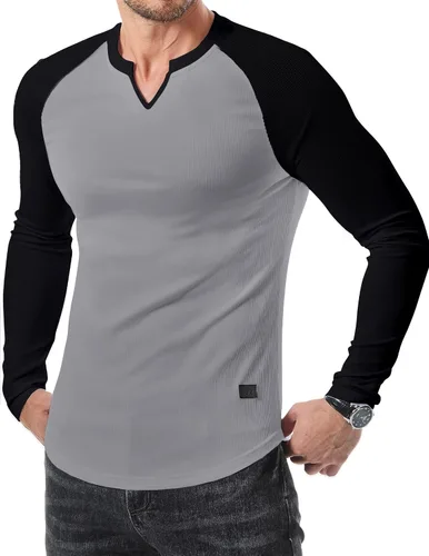 Vista 14 de JMIERR Camisetas de manga larga para hombre, estilo casual, cuello en V Negro+Blanco