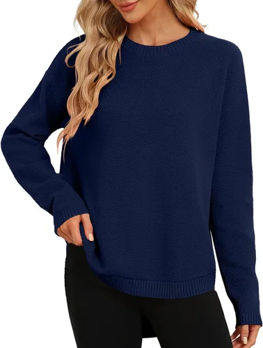 Vista 16 de DB MOON Suéter de Punto de Manga Larga con Cuello Redondo para Mujer 2025 Ajuste Holgado Suave Sólido Pullover Beige