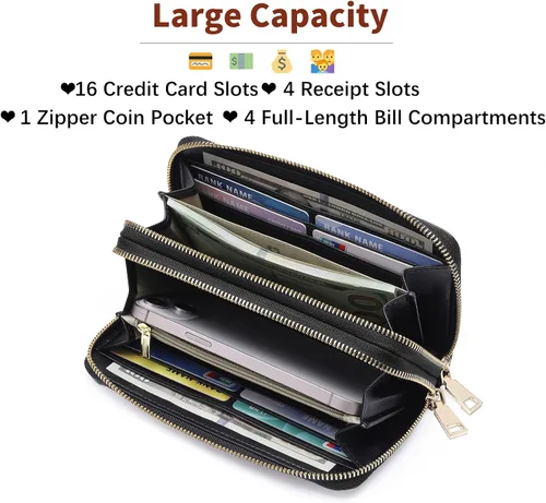 Vista 2 de GOIACII Cartera de mujer de gran capacidad con doble cremallera para mujer, soporte para teléfono con bloqueo RFID, correa de cuero