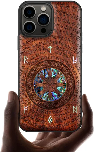 Vista 14 de Carveit Funda protectora de madera de diseñador para iPhone 13 Pro Max, cubierta magnética, grabado en madera e incrustaciones de concha, funda