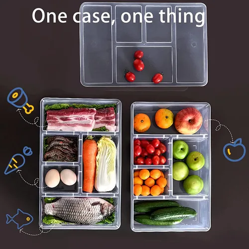 Vista 3 de Paquete de 2 bandejas para verduras con tapa, 5 compartimentos, contenedor de alimentos con divisores, bandeja grande para servir, recipientes