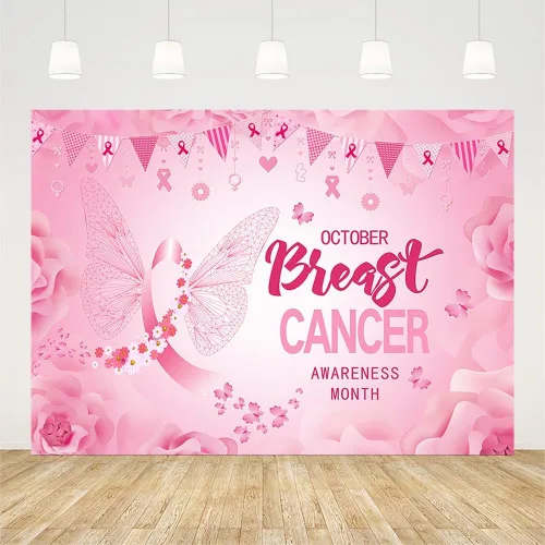 Vista 2 de AIBIIN Fondo de concientización sobre el cáncer de mama de 7 x 5 pies para fotografía sobre el cáncer de mama, decoraciones de fiesta, pancarta