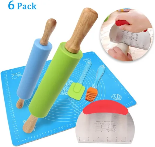 Vista 2 de Ewinever Juego de alfombrillas de pastelería antiadherentes 6 en 1 con cortador de repostería reutilizable para amasar, raspador y cepillo para untar
