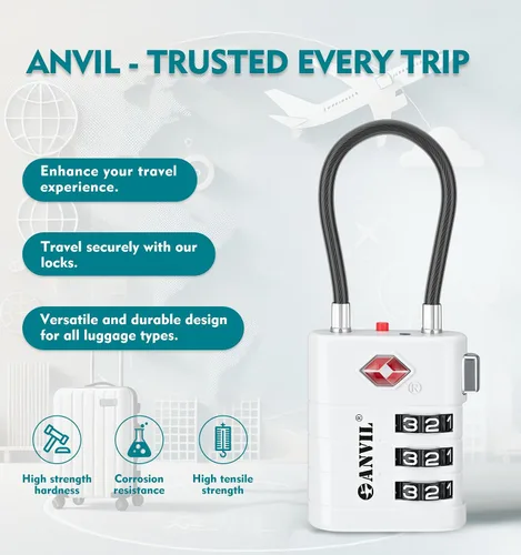 Vista 4 de ANVIL Cerraduras de equipaje aprobadas por la TSA - Cerraduras de viaje combinadas TSA008 de alta seguridad con indicador de inspección para maletas
