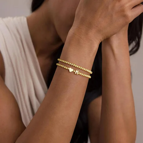 Vista 4 de Ursteel Pulsera de corazón con inicial para mujer, delicada, chapada en oro de 14 quilates, pulseras de cuentas para mujer, joyería de corazón